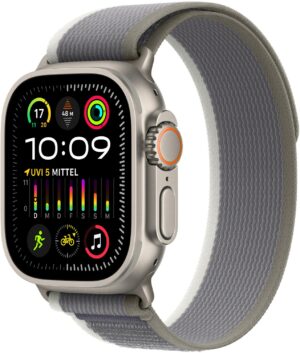 Apple Watch Ultra 2 (49mm) GPS+4G Smartwatch Titan mit Trail Loop Armband (S/M) titan/grün/grau