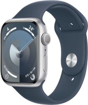 Apple Watch Series 9 (45mm) GPS Smartwatch Aluminium mit Sportarmband M/L silber/sturmblau